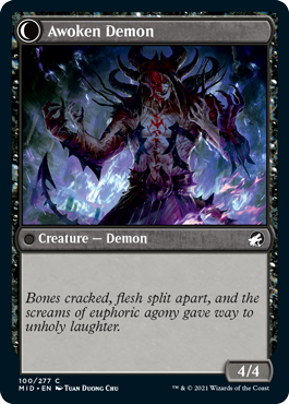 Awoken Demon
 {2}{B}, Sacrifice another creature: Draw a card, then transform Ecstatic Awakener. Activate only once each turn. // 